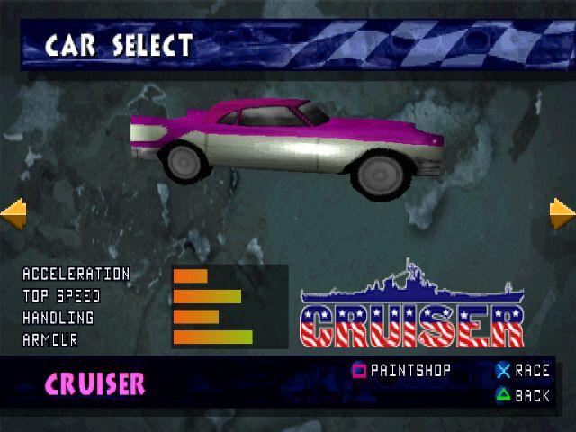 Demolition Racer (PlayStation) screenshot: Car selection screen
