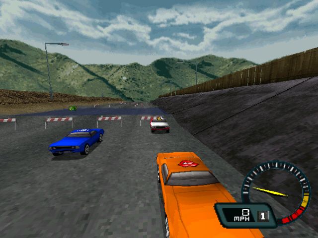 Demolition Racer (PlayStation) screenshot: The green crate in the background can be used to repair your car.