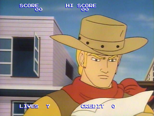 Badlands (Arcade) screenshot: A window opens behind him.