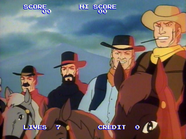Badlands (Arcade) screenshot: The band of outlaws mock Buck.