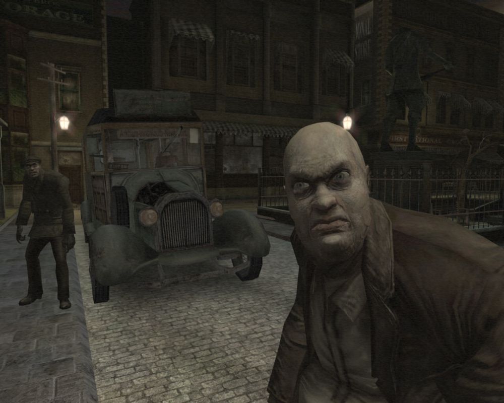 Call of Cthulhu: Dark Corners of the Earth (Windows) screenshot: The people of Innsmouth are unfriendly. You better watch your step.
