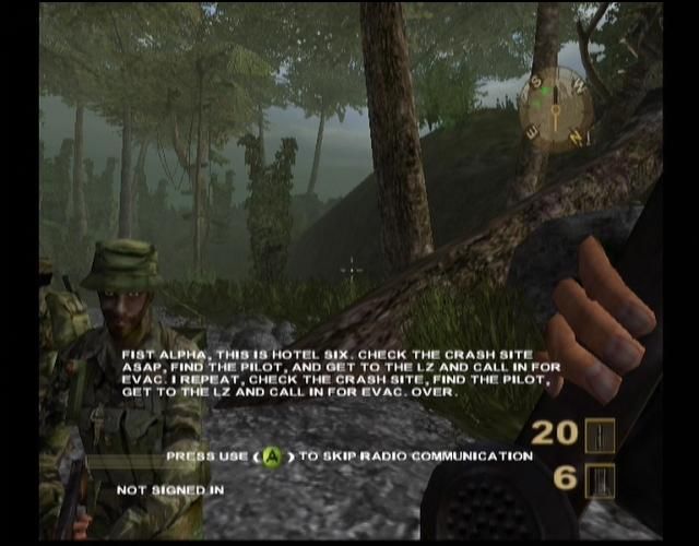 Vietcong: Purple Haze (Xbox) screenshot: The radio keeps you updated on aspects of your mission.