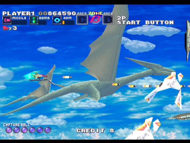 G Darius (PlayStation) screenshot: Fortunately, the pterodactyls are only background animations.