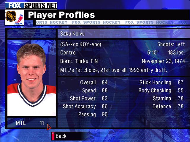 NHL Championship 2000 (Windows) screenshot: How hard it must be to pronounce "Koivu" correctly ?