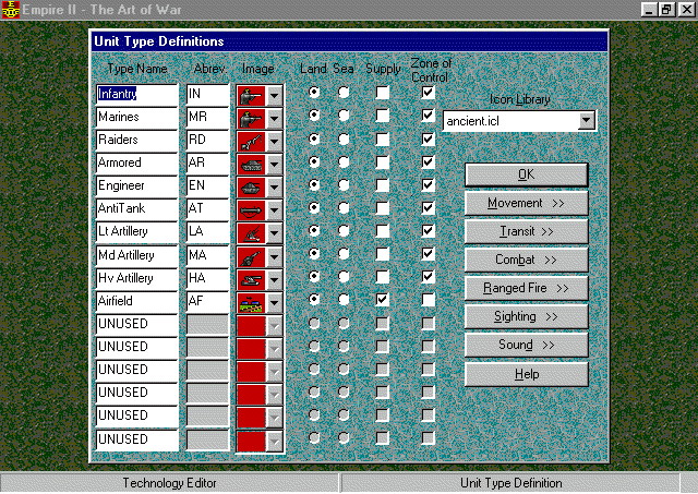 Empire II: The Art of War (Windows) screenshot: Unit Type Definitions under the Technology Definitions editor