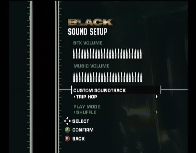 Black (Xbox) screenshot: Black allows you to use your own custom soundtrack.