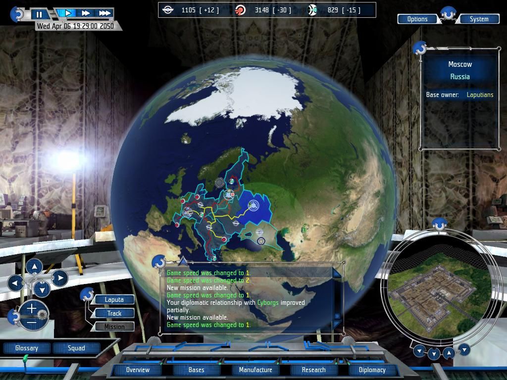 UFO: Aftershock (Windows) screenshot: Strategic Interface. This is where you choose missions and build factories etc.