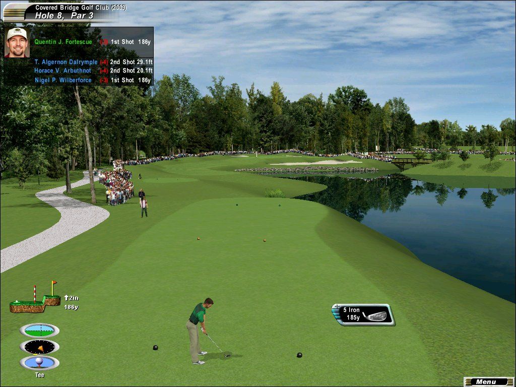 Links 2003: Championship Courses (Windows) screenshot: The 8th hole at Covered Bridge Golf Club in southern Indiana requires a shot over a placid lake.