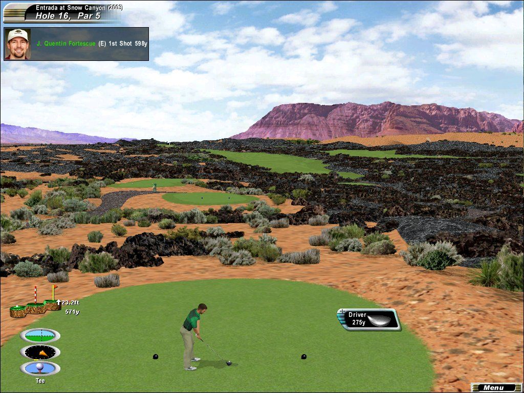 Links 2003: Championship Courses (Windows) screenshot: Southern Utah's Entrada at Snow Canyon Golf Club boasts hardened lava rocks as one of the terrain challenges.