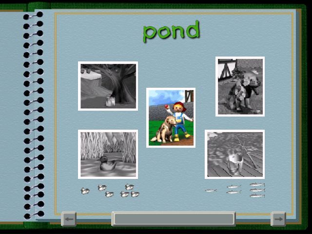 Alex Builds His Farm (Windows) screenshot: Progress through the game is recorded in Alex's book. Pictures become coloured once the activity has been performed. The first activity, playing with the dog, is in the middle of the book