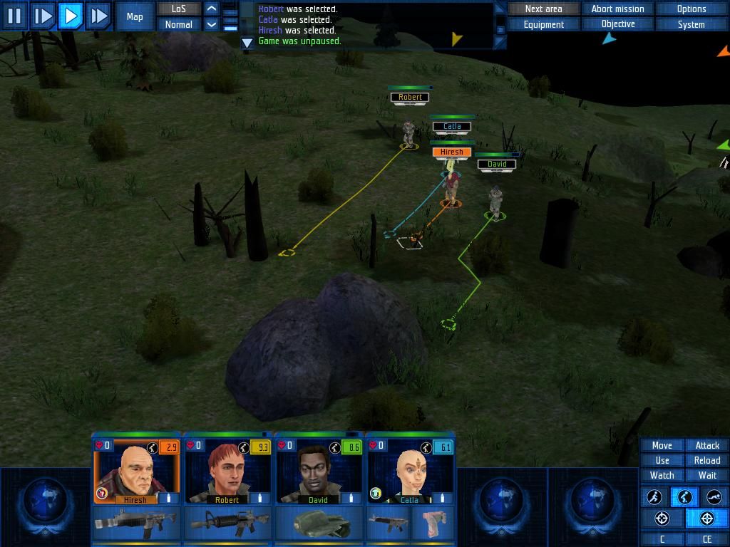 UFO: Aftershock (Windows) screenshot: Night time mission. Advancing with a rock as cover.