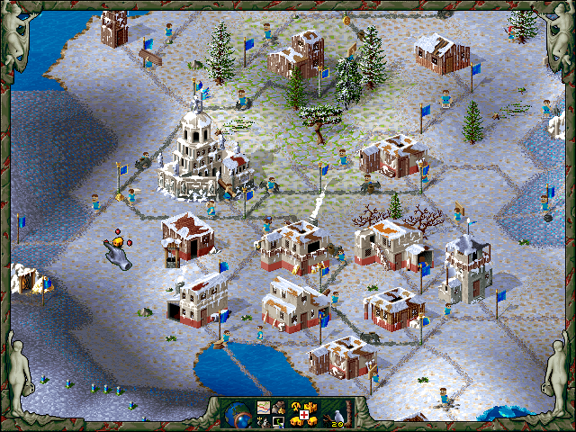 The Settlers II: Gold Edition (DOS) screenshot: A busy settlement centre.
