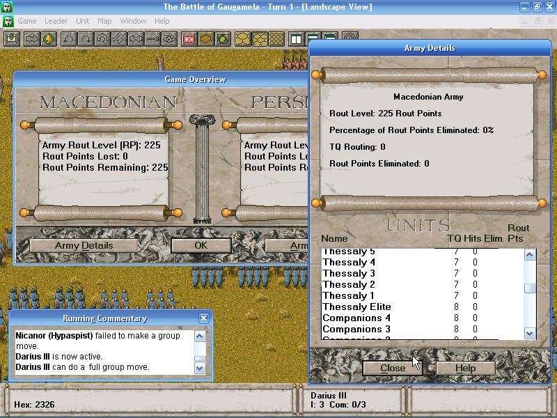 The Great Battles of Alexander (Windows) screenshot: End turn statistics