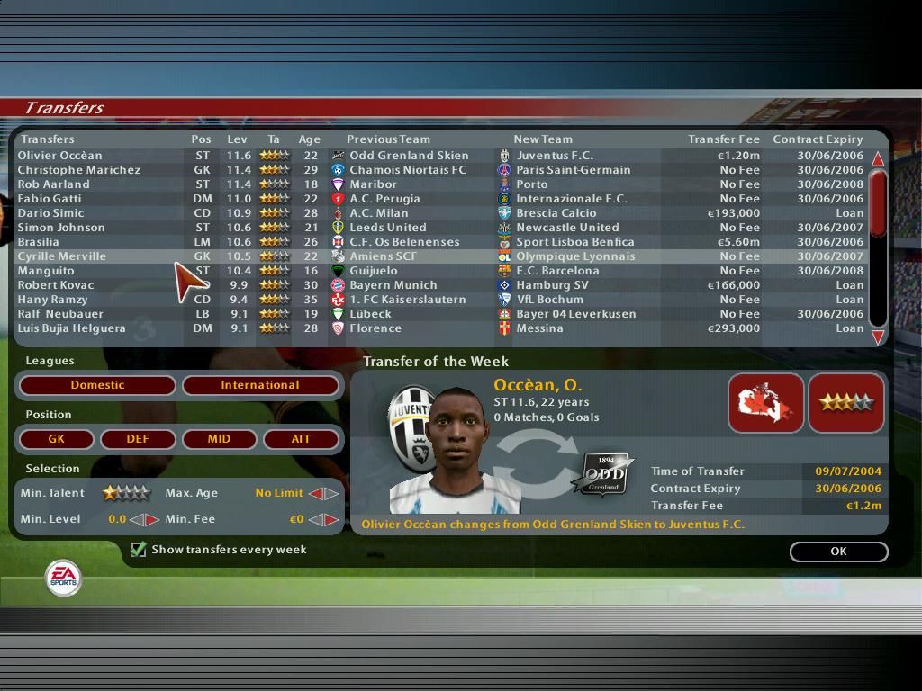 Total Club Manager 2005 (Windows) screenshot: During the transfer windows, transfers are logged here