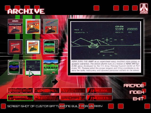 Atari Arcade Hits: Volume 2 (Windows) screenshot: The Archive is pretty much a mini-museum of the games included in the compilation