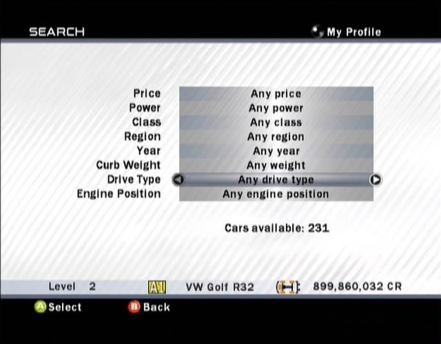 Forza Motorsport (Xbox) screenshot: You can search for cars to buy on this screen.