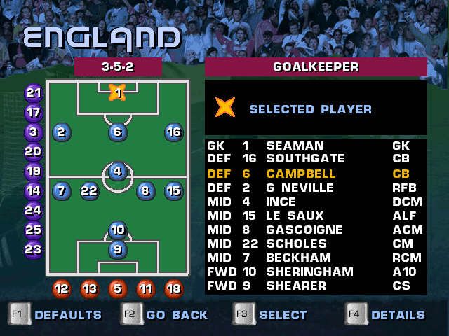 Alexi Lalas International Soccer (Windows) screenshot: Some players have real names, like the English...