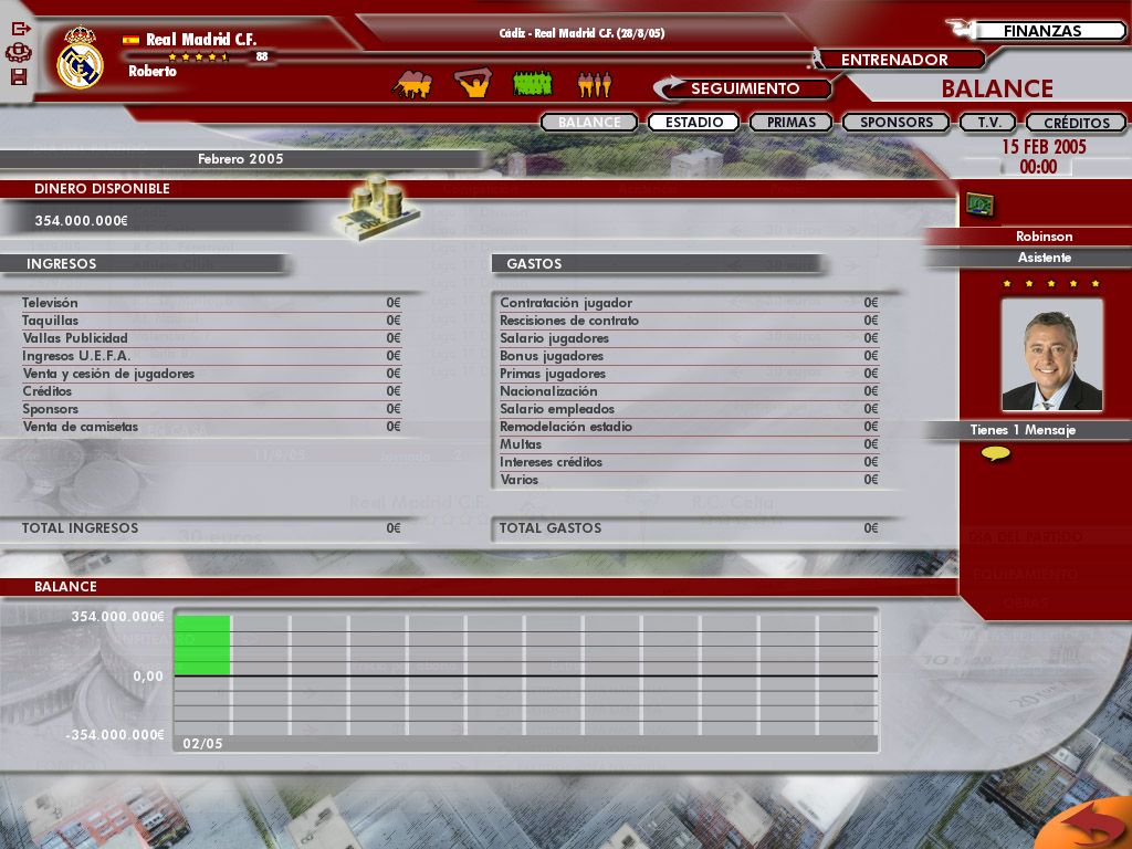 PC Fútbol 2006 (Windows) screenshot: Balance screen