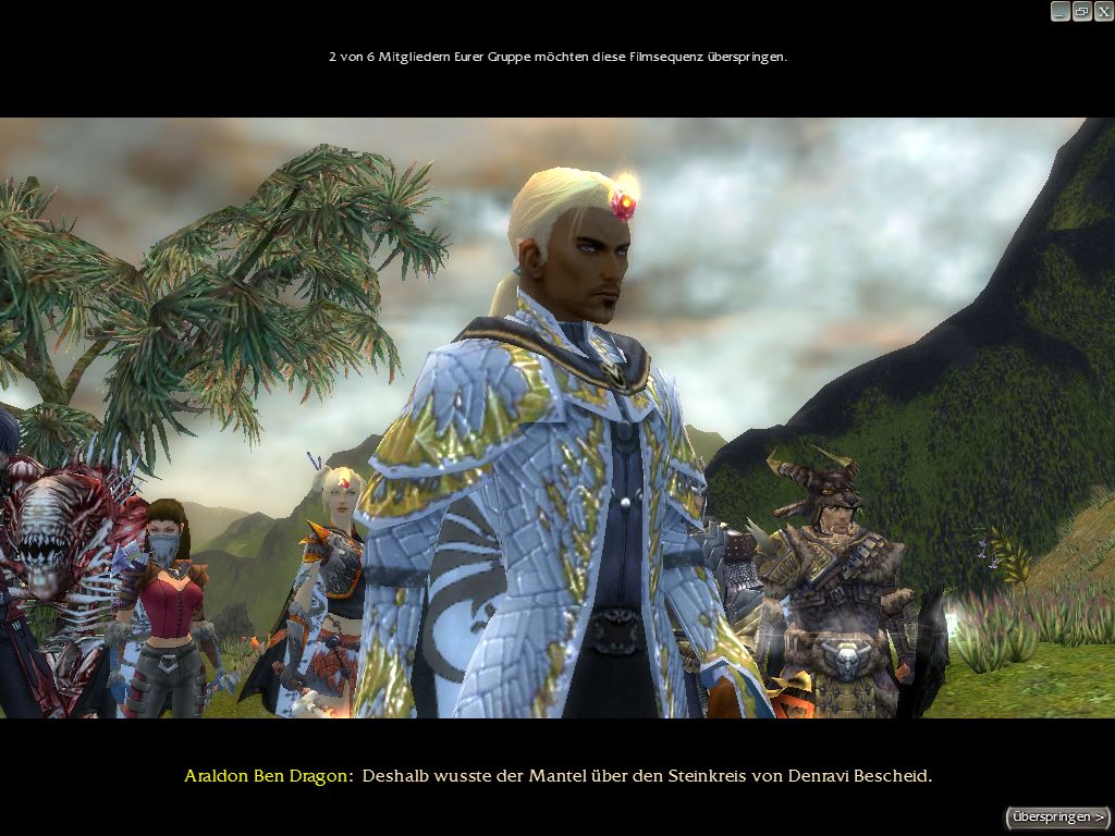 Guild Wars (Windows) screenshot: All the cutscenes are scripted, so the entire individual party can be shown (including minions).