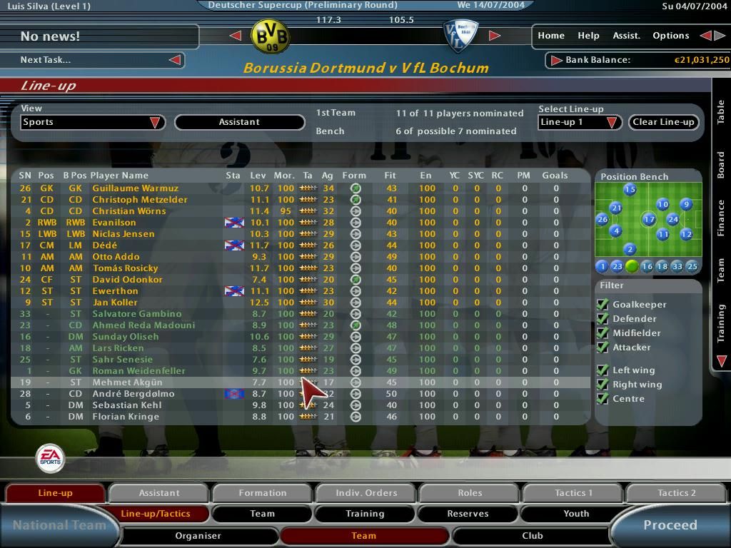 Total Club Manager 2005 (Windows) screenshot: Choosing line-up