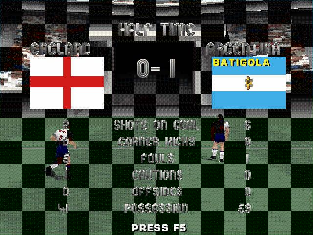 Alexi Lalas International Soccer (Windows) screenshot: Half time stats