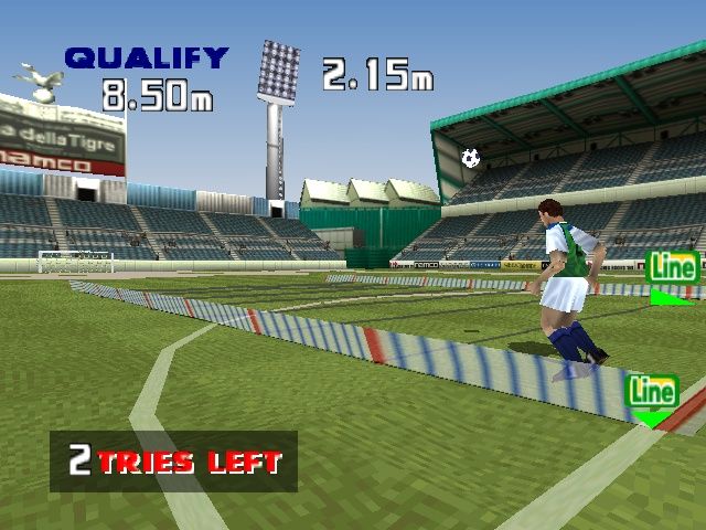 LiberoGrande (PlayStation) screenshot: A less common challenge is throwing a rainbow kick as far away as possible.