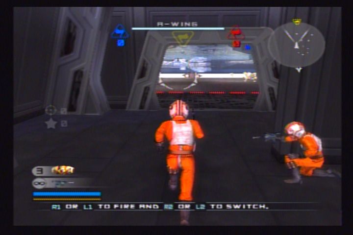 Star Wars: Battlefront II (PlayStation 2) screenshot: Rebel pilots head toward the hangar bay, ready for battle