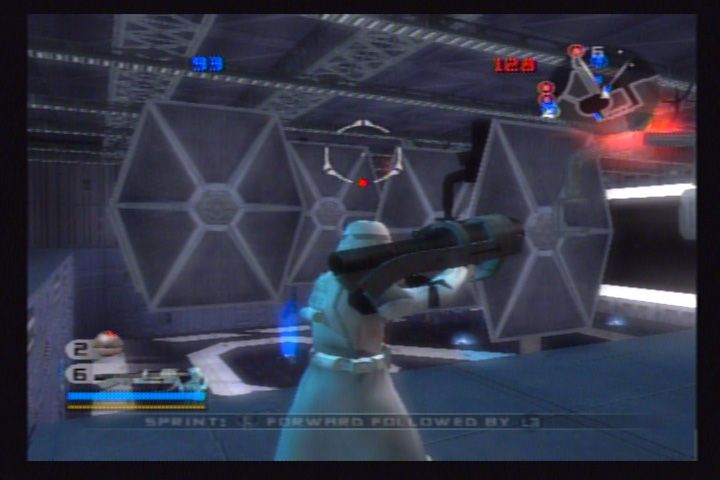 Star Wars: Battlefront II (PlayStation 2) screenshot: A heavy trooper, wielding a rocket launcher and wearing a skirt, defends the TIE fighter hangar bay