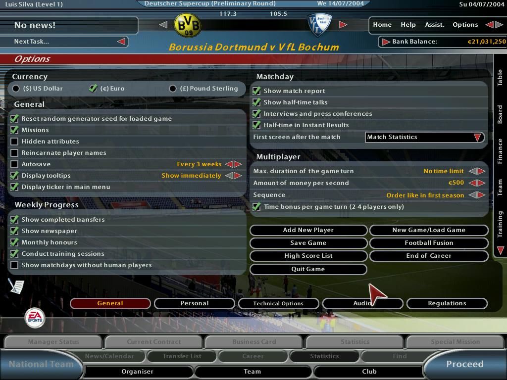 Total Club Manager 2005 (Windows) screenshot: Game options