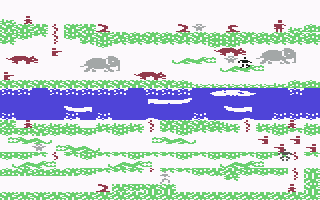 Floyd of the Jungle (Commodore 64) screenshot: Riding on the back of an alligator