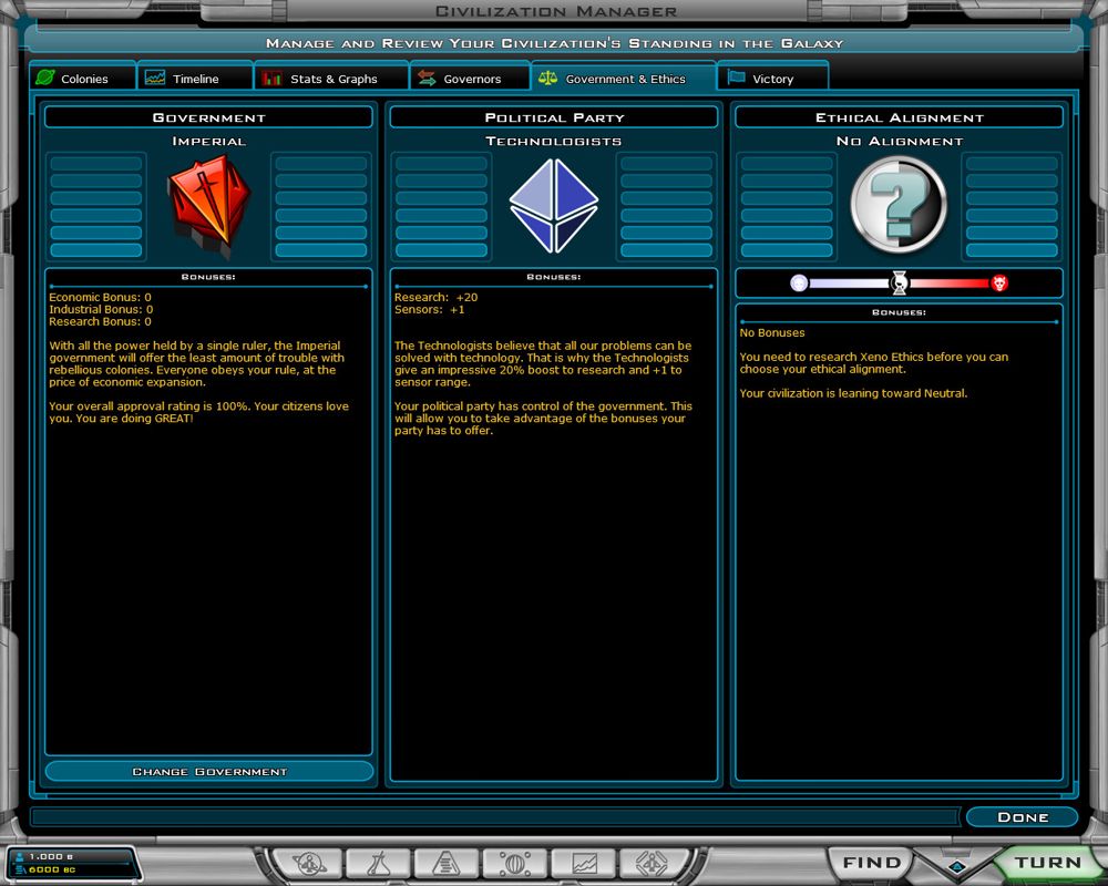 Galactic Civilizations II: Dread Lords (Windows) screenshot: Overview of your civilization