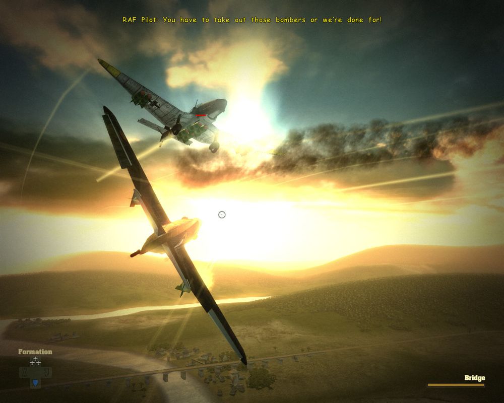 Blazing Angels: Squadrons of WWII (Windows) screenshot: Take out the German bombers before they reach the bridge.
