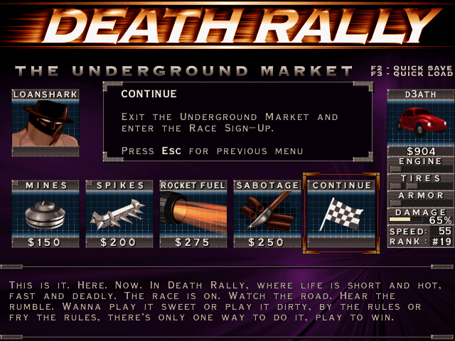 Death Rally (DOS) screenshot: Buy illegal items