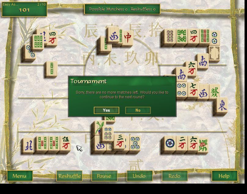 Ultimate Mahjongg 15 (Windows) screenshot: In Tournament mode there are no reshuffles, when no progress can be made on one board the player progresses to the next