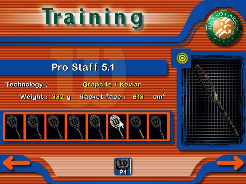 Roland Garros French Open 2001 (Windows) screenshot: Each racquet has its own advantage, be it power or accuracy
