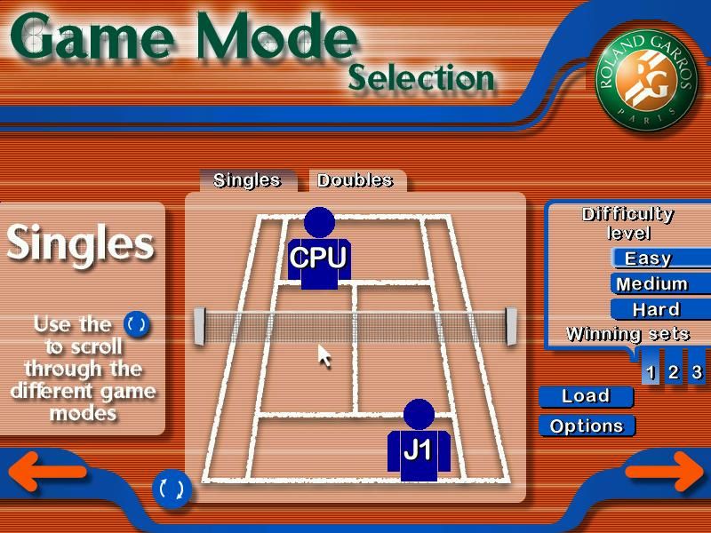 Roland Garros French Open 2001 (Windows) screenshot: Game modes and options