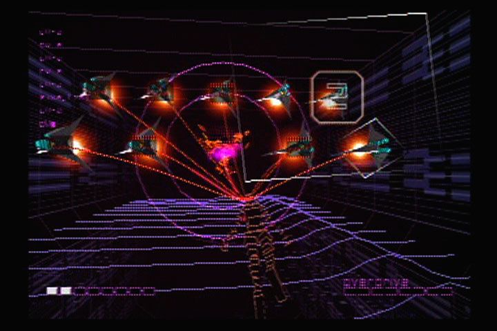 Rez (PlayStation 2) screenshot: Lock onto multiple targets and release the fire button to destroy them at once.