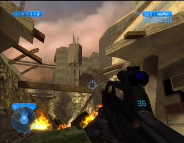 Halo 2 (Xbox) screenshot: The Covenant have destroyed this city without mercy.