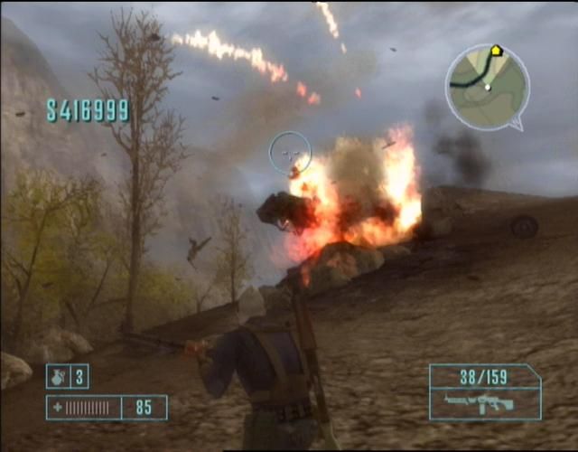Mercenaries: Playground of Destruction (Xbox) screenshot: Blowing up NK vehicles earns you money (and nice explosions!)
