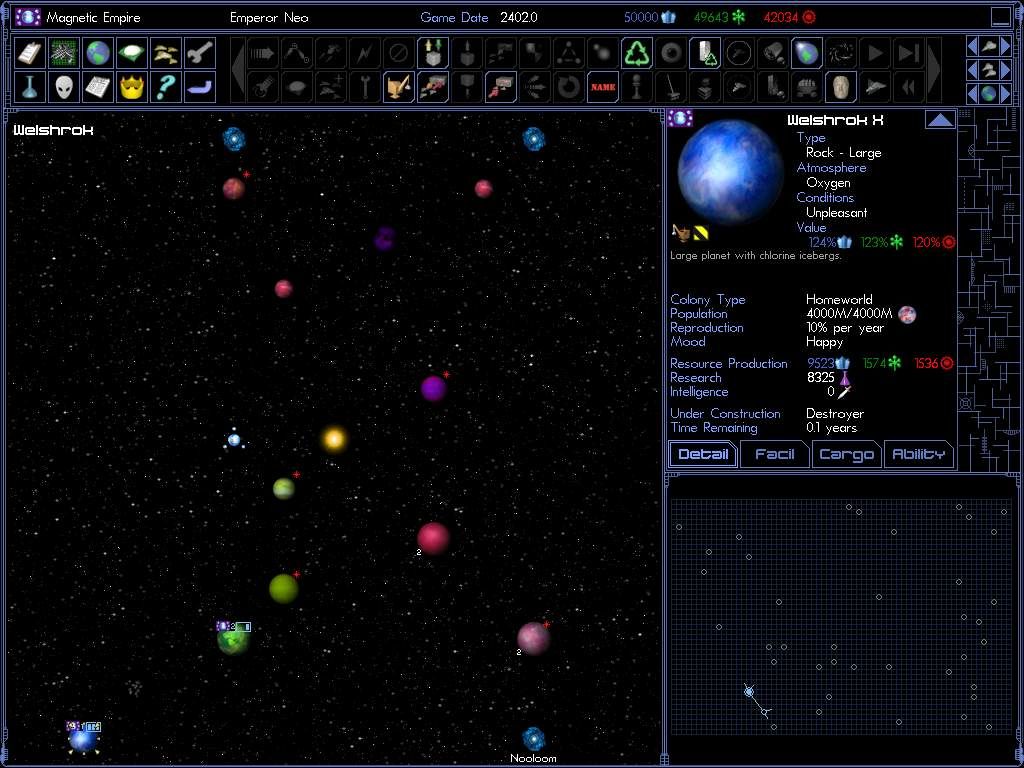 Space Empires IV (Windows) screenshot: The main game window shows the current solar system, a detailed view of the current planet, and a small map of the whole galactic sector.