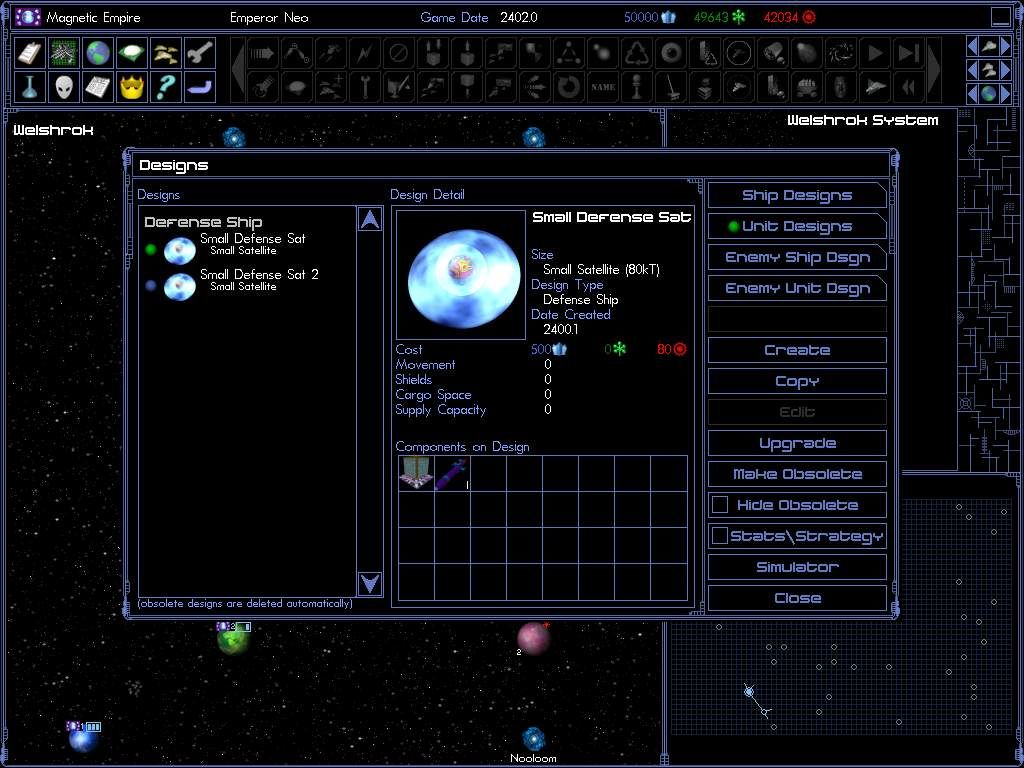 Space Empires IV (Windows) screenshot: The design window lets you make your own ships and defensive units.