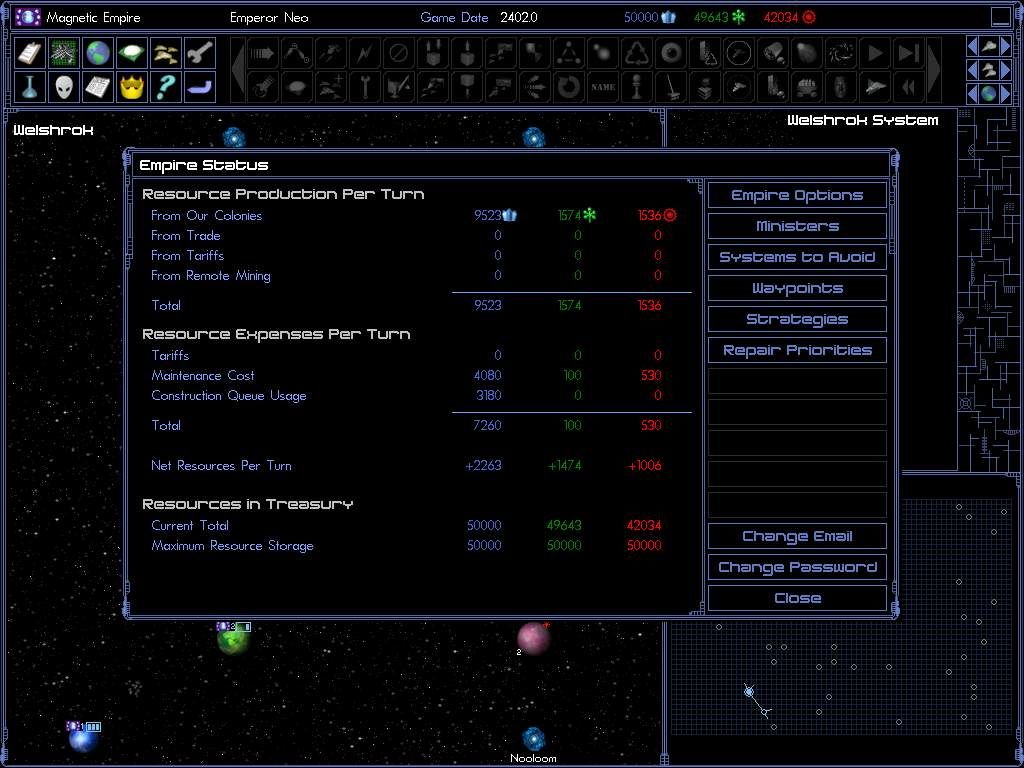 Space Empires IV (Windows) screenshot: Resource management is empire-wide. Don't run out of minerals!