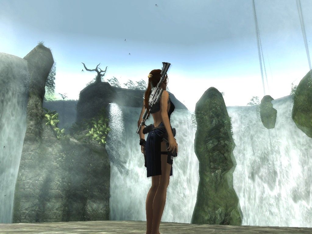 Lara Croft: Tomb Raider - Legend (Windows) screenshot: Lovely view! The waterfalls I mean. You can unlock costumes if you gather enough rewards.