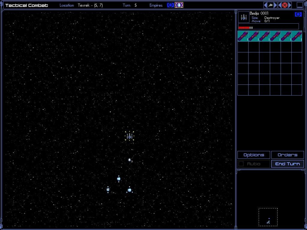 Space Empires IV (Windows) screenshot: Tactical combat screen. Three missiles are homing in on an enemy ship.
