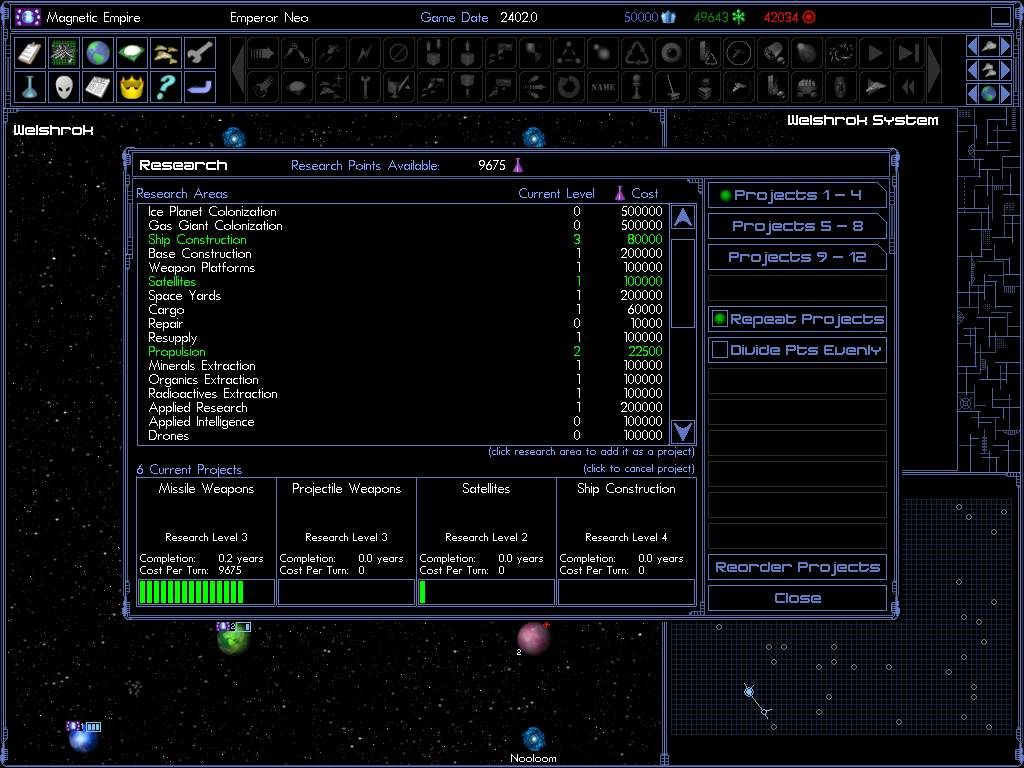 Space Empires IV (Windows) screenshot: Select an area to research from this menu.