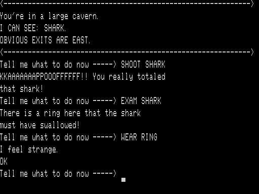 Quest for Fire (TRS-80) screenshot: I Really Totaled that Shark