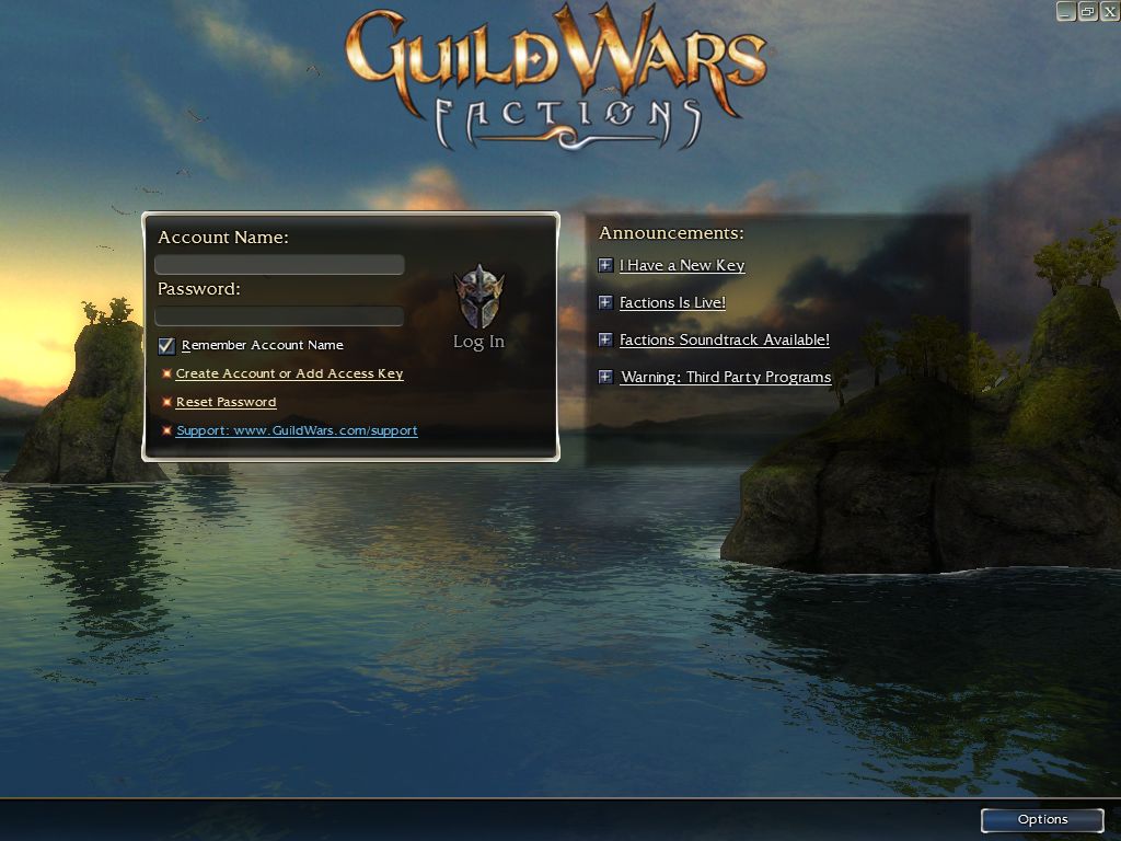 Guild Wars: Factions (Windows) screenshot: Login Screen