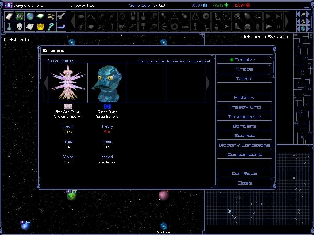 Space Empires IV (Windows) screenshot: Diplomacy and spying are done in the Empires menu.