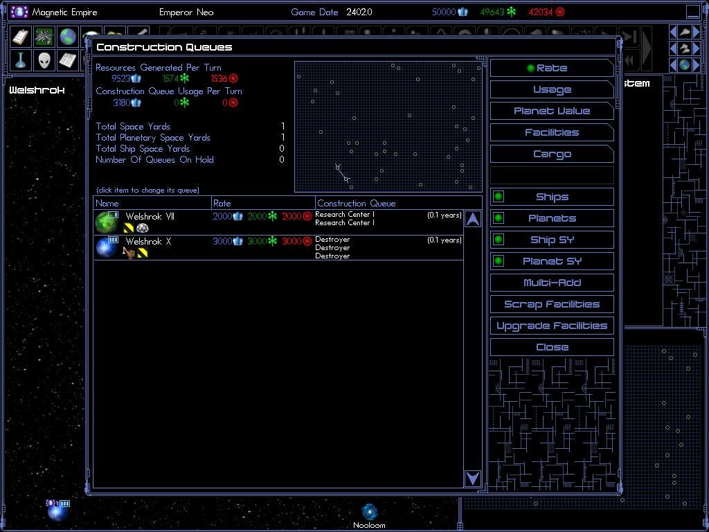Space Empires IV (Windows) screenshot: You can manage all construction queues at once, which is convenient once you have a large number of colonies.