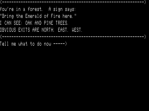 Quest for Fire (TRS-80) screenshot: Starting in the Forests Outside the Pyramid